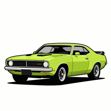 Classic Lime Green Vintage Muscle Car Vector Illustration, 1970s Retro Automotive Racing Design Isolated on White Background for Sports and Speed Enthusiasts
