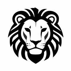 Minimalist black and white flat vector illustration of a single lion head with tribal mane patterns, powerful feline predator face isolated on white, conceptual strength and leadership symbol. © Gayan