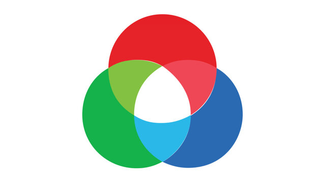Minimalist vector illustration of an RGB color model Venn diagram with overlapping red, green, and blue circles, ideal for graphic design, art education, and digital media projects.