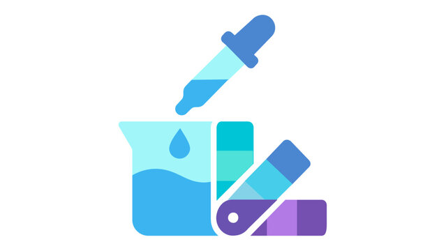 Minimalist flat vector icon illustration of a color theory concept with a beaker, dropper, and color swatches, perfect for graphic design, web development, and creative branding projects.