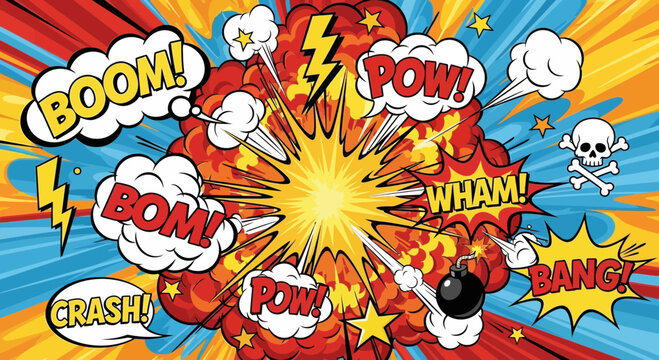 Explosion Comic Book Style: BOOM POW WHAM BANG CRASH BOM! Vintage Action Sound Effects