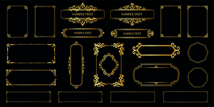Luxury gold ornamental frames and vintage decorative borders collection on dark background, ideal for premium branding, invitations, certificates and elegant design projects.