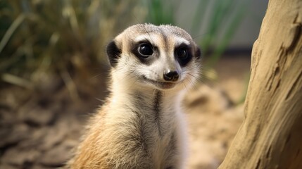 Fototapeta premium Curious Meerkat Portrait Staring Directly Into the Camera Amid Sunlit Desert Habitat