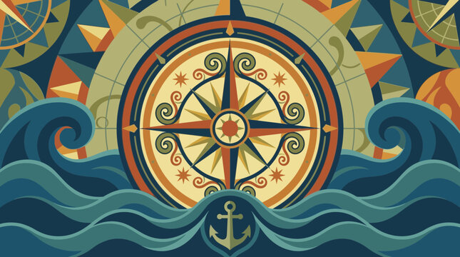 Vintage Nautical Compass Rose and Ocean Waves Illustration