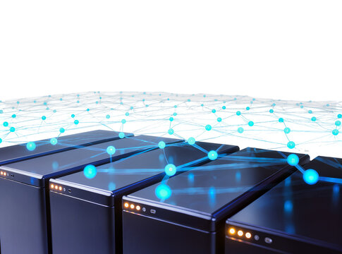 Isolated network of glowing spheres connecting multiple dark server racks, data center technology