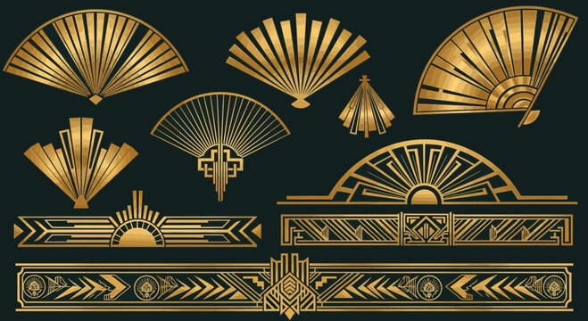 Art Deco Fan Borders and Ornaments - Golden Geometric Patterns on Dark Green Background