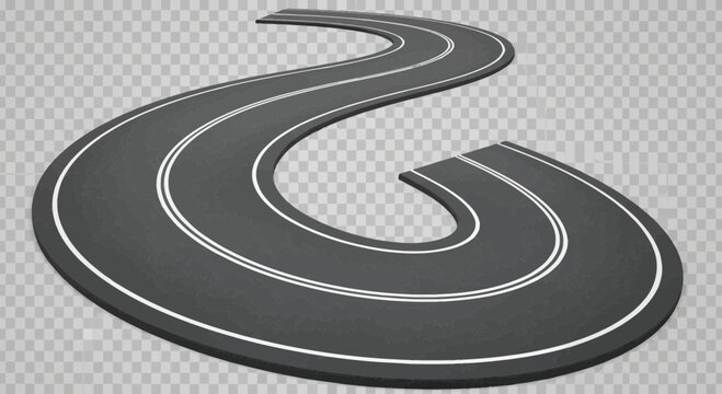 Winding Asphalt Road with White Lines on Transparent Background - Journey Concept
