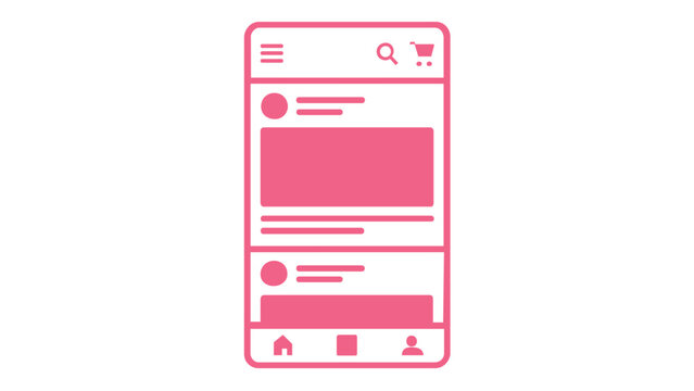 Teal and pink gradient vector illustration of a mobile application user interface layout, featuring a social media news feed with search, shopping cart, and menu icons for digital design.