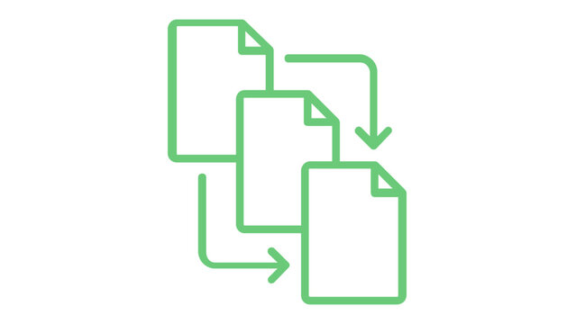 Vibrant blue and green gradient vector icon illustration depicting a sequential document flow or page layout with three file sheets and directional arrows for business process management.