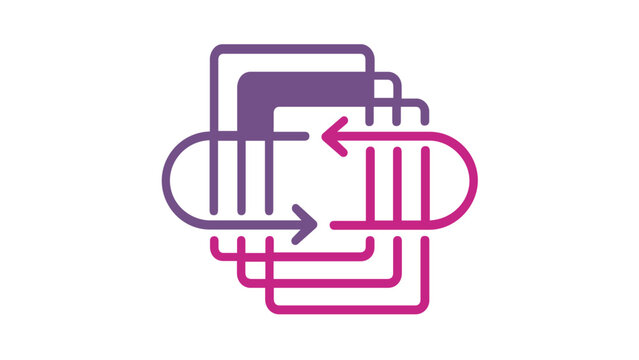 Modern AI-generated vector icon illustration of a page layout transition or document flow, featuring overlapping rectangular frames with directional arrows in a vibrant teal and purple gradient.