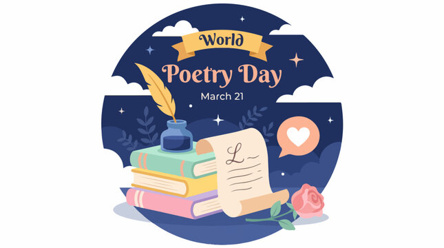 Shakespeare Day celebration with books, quill, and poetry on a starry night background