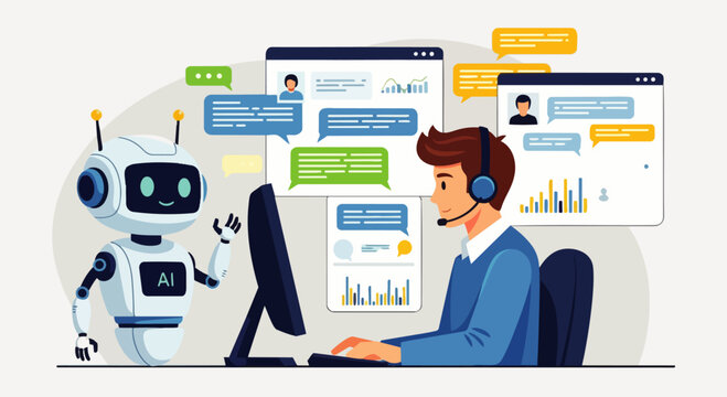 Flat vector illustration of a customer service agent working on a computer with an AI robot helping answer customer messages. The concept of artificial intelligence in modern communication technology.