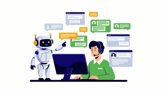 Flat vector illustration of a customer service agent working on a computer with an AI robot helping answer customer messages. The concept of artificial intelligence in modern communication technology.