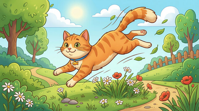 A lively orange feline joyfully leaps and bounds through a picturesque, sunlit meadow path, surrounded by vibrant spring flowers and lush green trees, embodying playful freedom and natural happiness