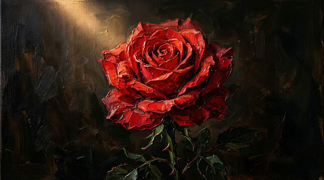 A richly textured oil painting of a vibrant red rose against a dark background.