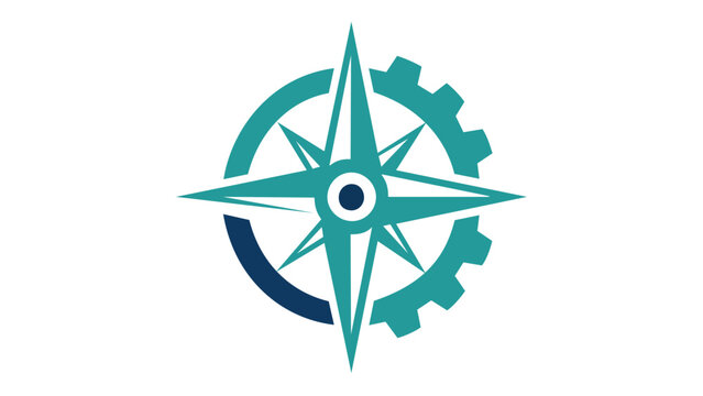 Business coaching and consulting vector icon illustration featuring a stylized teal compass rose integrated with a mechanical gear cogwheel, representing strategic direction and industrial growth.