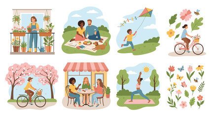 Naklejka premium A collection of vibrant scenes captures the essence of leisure, nature, and social connection. Each meticulously crafted illustration evokes feelings of serenity, adventure.