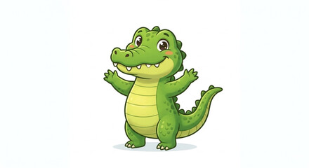 Fototapeta premium Friendly Green Crocodile Cartoon Waving Hand Isolated on White