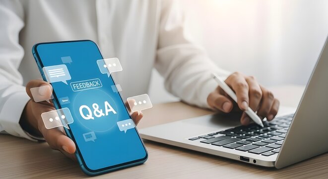 Person Holding Smartphone with Q&A on Screen Next to Laptop