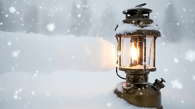 Snowy Landscape with Lantern in Winter Storm.