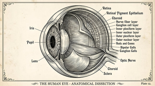 A detailed vintage anatomical dissection illustration of the human eye.