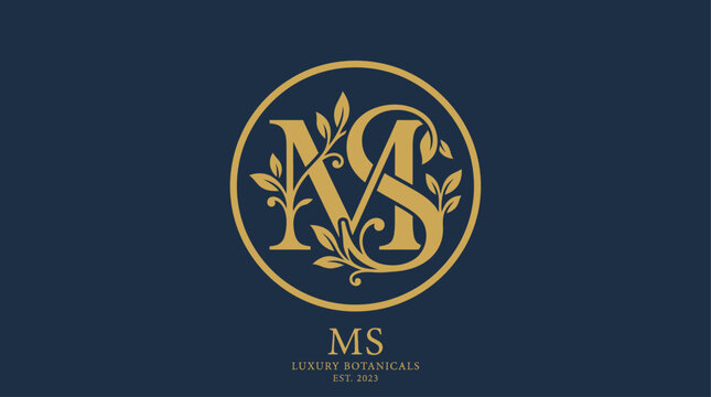 Luxury Botanical Monogram Logo: Elegant Gold MS Initials with Leaf Elements Vector