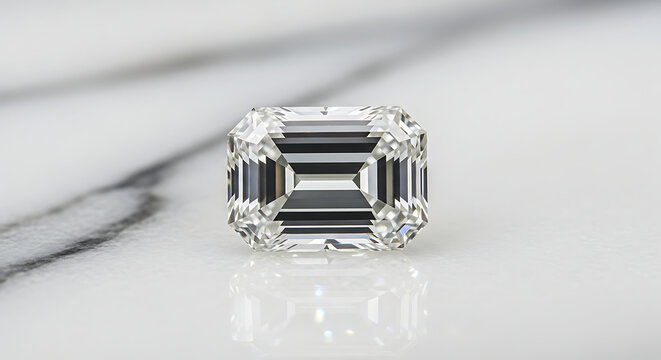 emerald cut diamond sparkling on white marble a dazzling luxury gemstone for high-end jewelry advertising.