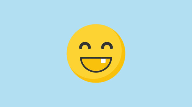 This cheerful yellow emoji face, featuring a wide toothless grin and closed eyes, radiates pure happiness and playful innocence on a serene blue background.