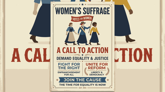 A powerful vintage-style poster advocating for women's suffrage, demanding equality, justice, and the right to vote through a united call to action.