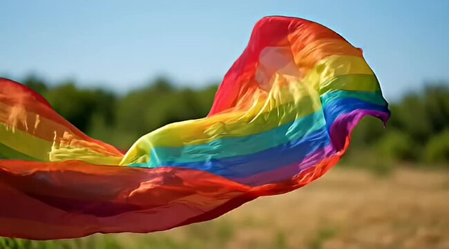 A vibrant rainbow flag gracefully billows in the wind against a scenic backdrop
