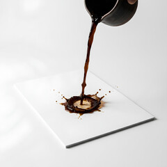 Fototapeta premium Coffee pouring splash on a white surface artistic shot.