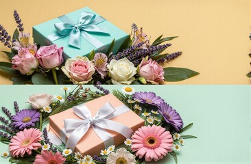 Naklejka premium Two gift boxes surrounded by colorful flowers on pastel backgrounds.