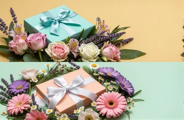 Two gift boxes surrounded by colorful flowers on pastel backgrounds. © joeycheung