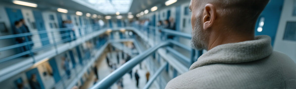 The Observer in the Halls of Confinement: An individual gazes over a prison, their perspective highlighting the stark reality of incarceration and the depths of human confinement.