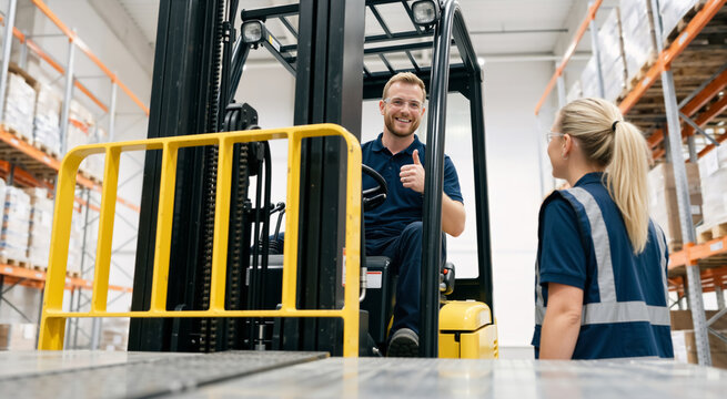 Male forklift driver giving thumbs up to colleague in warehouse. Logistics worker operating machinery in distribution center. Industrial safety and teamwork concept