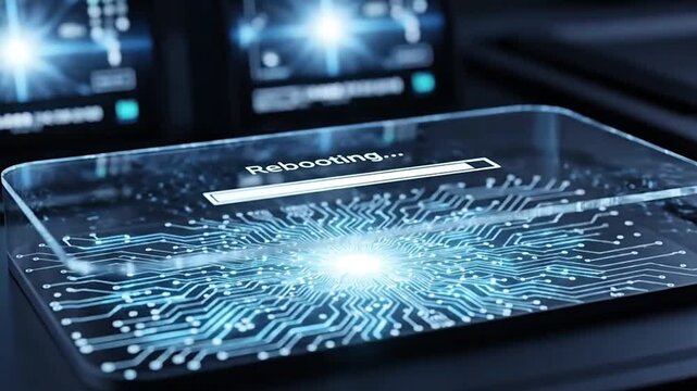 Futuristic circuit boards rebooting on sleek dark background with blue glowing