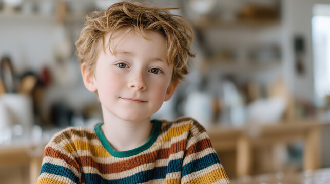 Smiling Boy's Portrait: A young boy, exuding a gentle and friendly demeanor, offers a warm smile, capturing a moment of innocent joy and approachability.