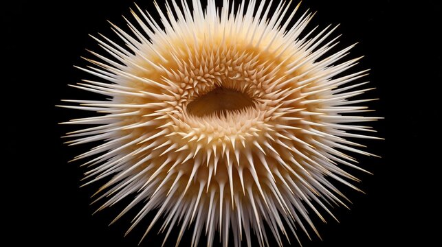 An intricate pale sea urchin test with radiating spines displayed against a black background
