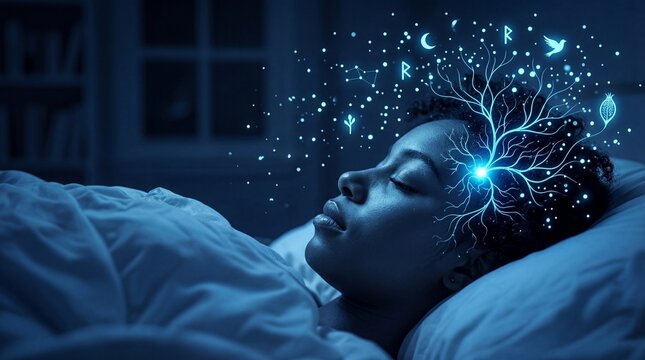 A person sleeps peacefully at night with a glowing neural network symbolizing brain activity and dreams.