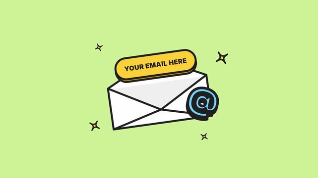Envelope with an at symbol and a call to action bar saying your email here, graphic illustration for digital marketing