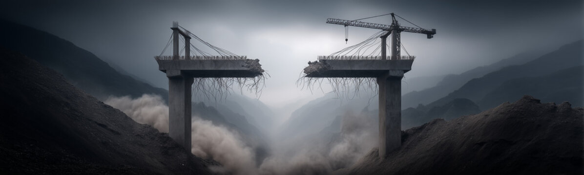 Broken Bridge: A dramatic view of a partially constructed bridge collapsing amidst a rugged mountain range, illustrating the concept of destruction and infrastructure failure.