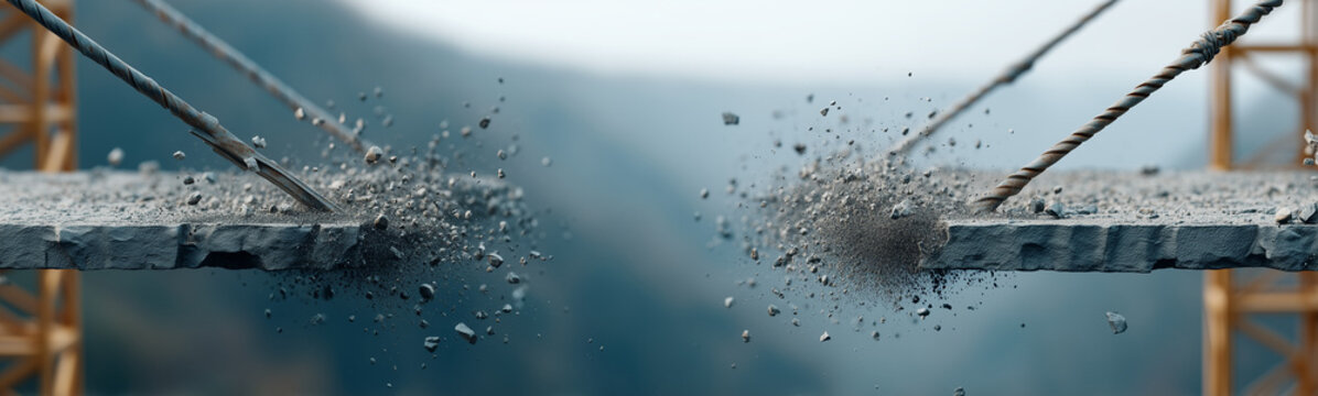Bridge demolition: A powerful moment captures the implosion of a bridge, showcasing the raw force of destruction against the backdrop of a scenic landscape.