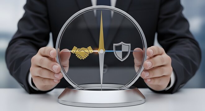 Business security and partnership concept with a shield and handshake inside a crystal globe held by a person