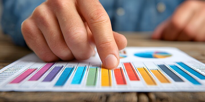 An investor examines a colorful bar graph and pie chart du financial analysis on a wooden table, reviewing company performance closely.