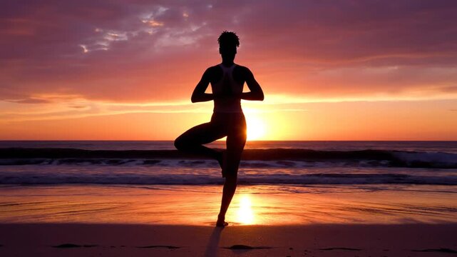 Woman doing yoga tree pose on beach at sunset
