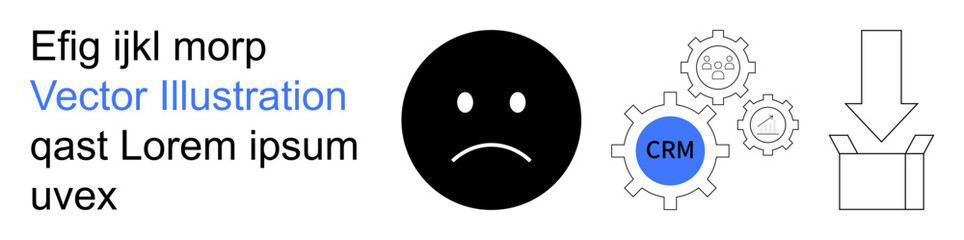 Fototapeta premium Business management, technology integration, user-centered design, customer relationship, workflow, data solutions. Sad face icon with gears and CRM label alongside a download box. Business