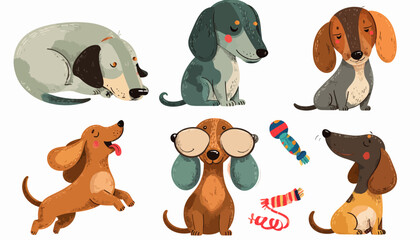 Fototapeta premium Adorable Dachshund Dogs Collection Cartoon Style Illustrations.