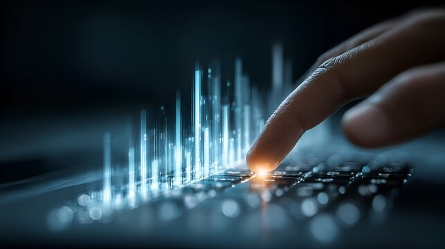 A person's finger presses a key on a keyboard, activating glowing digital lines that represent data processing and information flow.