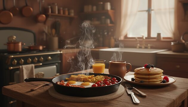 Warm Morning Breakfast Cooking in Rustic Kitchen