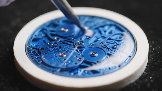 Close up of a master watchmaker using tweezers to assemble a complex mechanical watch movement and firing it in a kiln to create a beautiful blue enamel finish